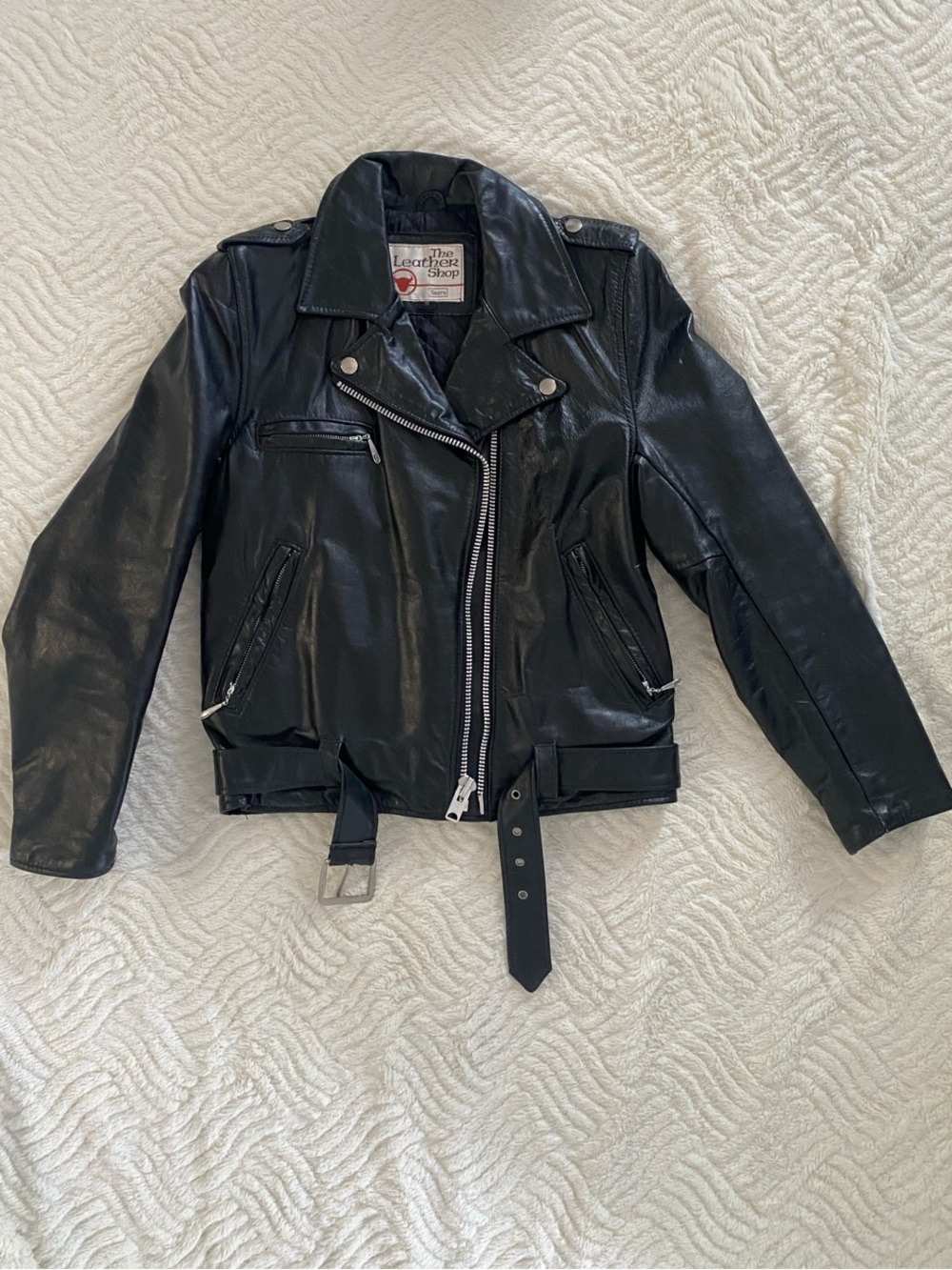 Vintage Sears Black Leather Jacket with Red Logo Patch